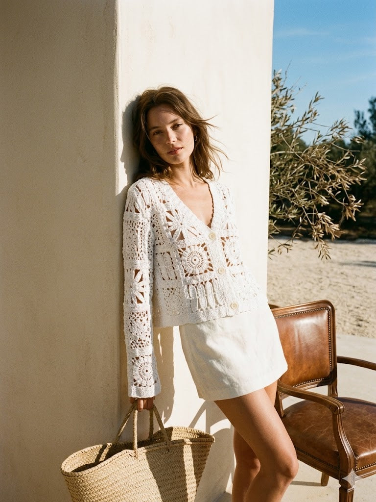 Gilet court en crochet à manches longues et boutons