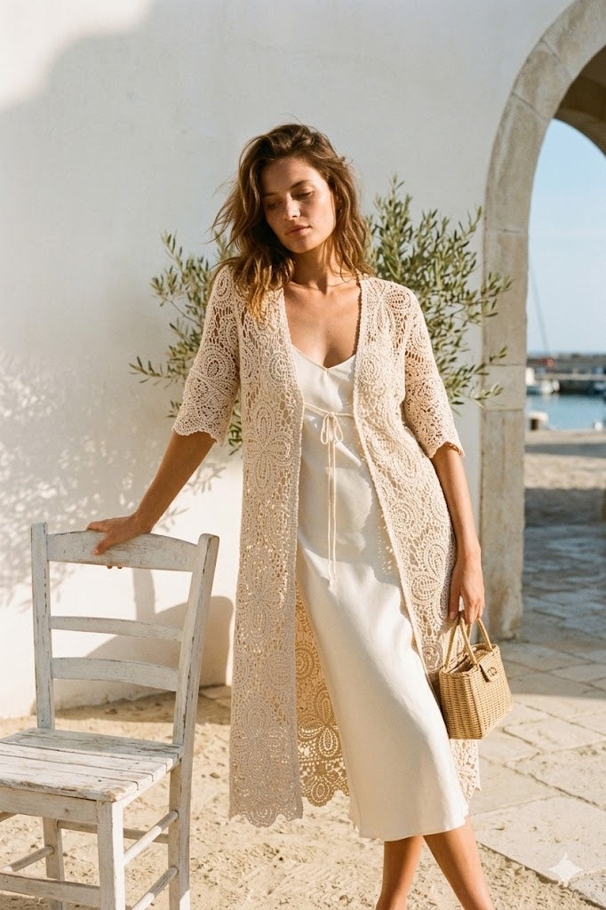 Gilet long ajouré en crochet à manches courtes