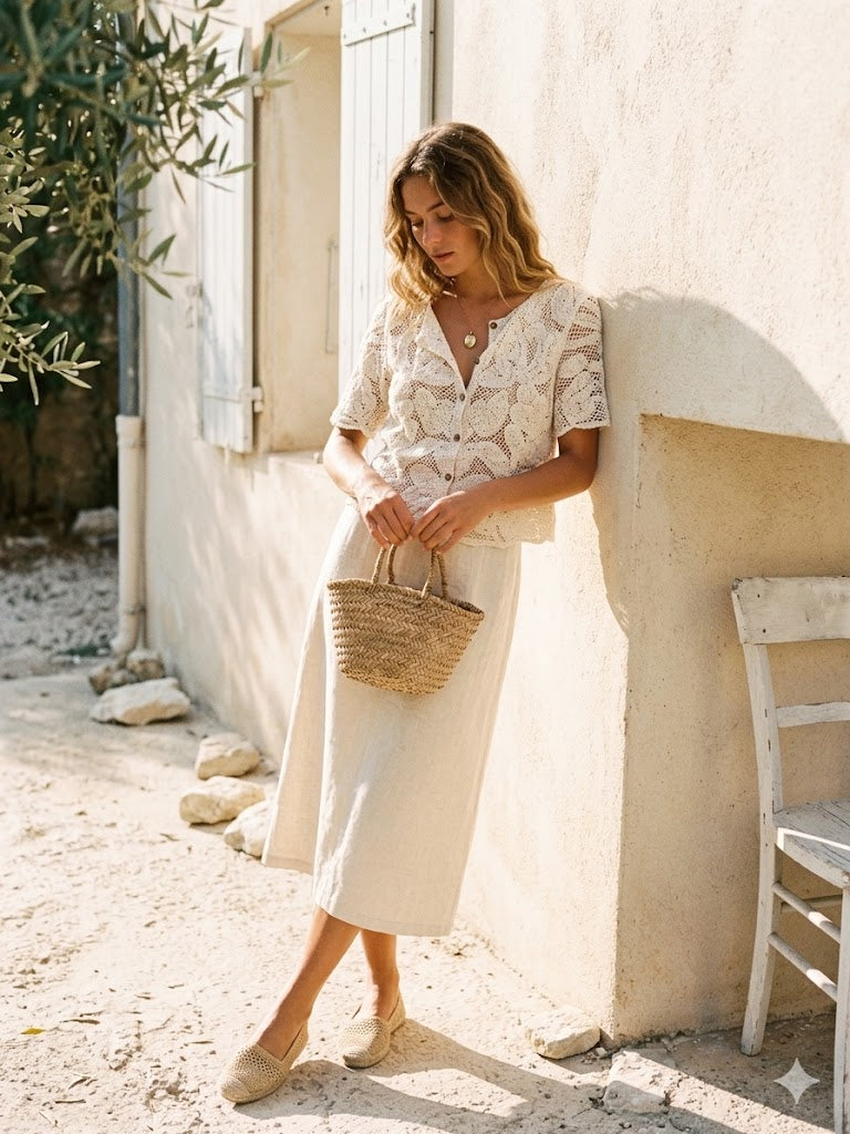 Top ajouré en crochet à manches courtes et boutons