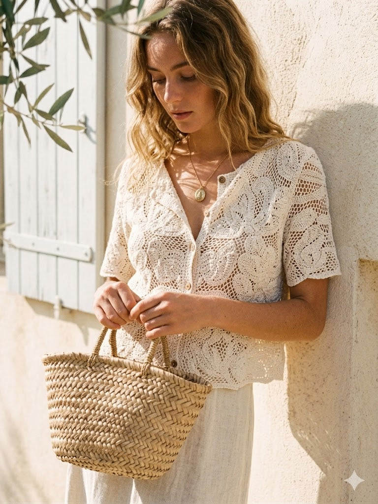 Top ajouré en crochet à manches courtes et boutons