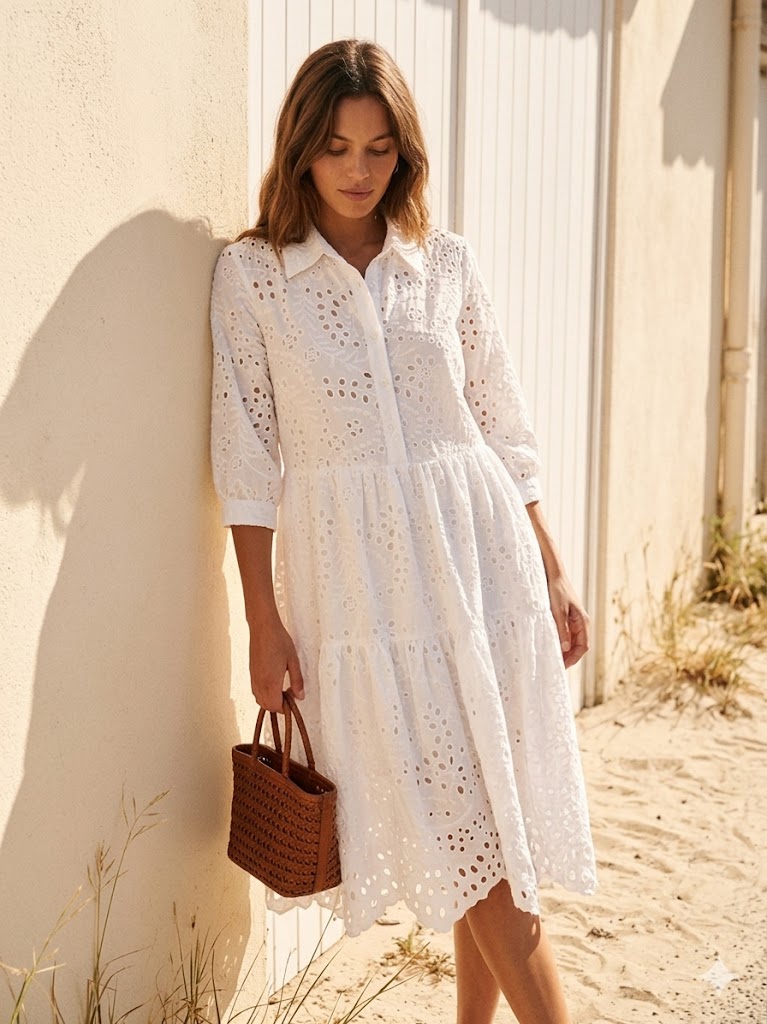 Robe chemise courte en broderie anglaise
