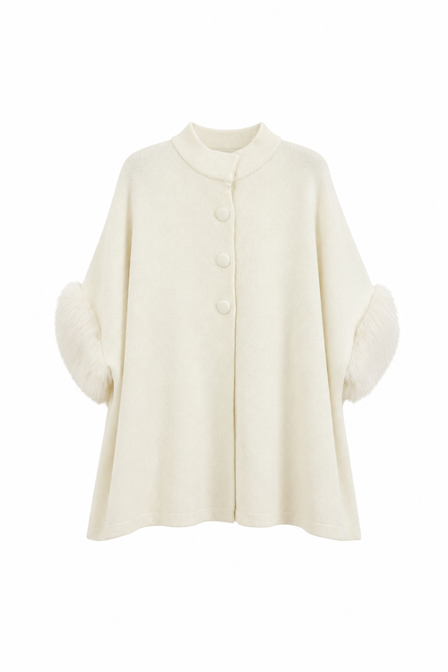 Cape Poncho En Maille À Manchettes Fausse Fourrure - vue de face