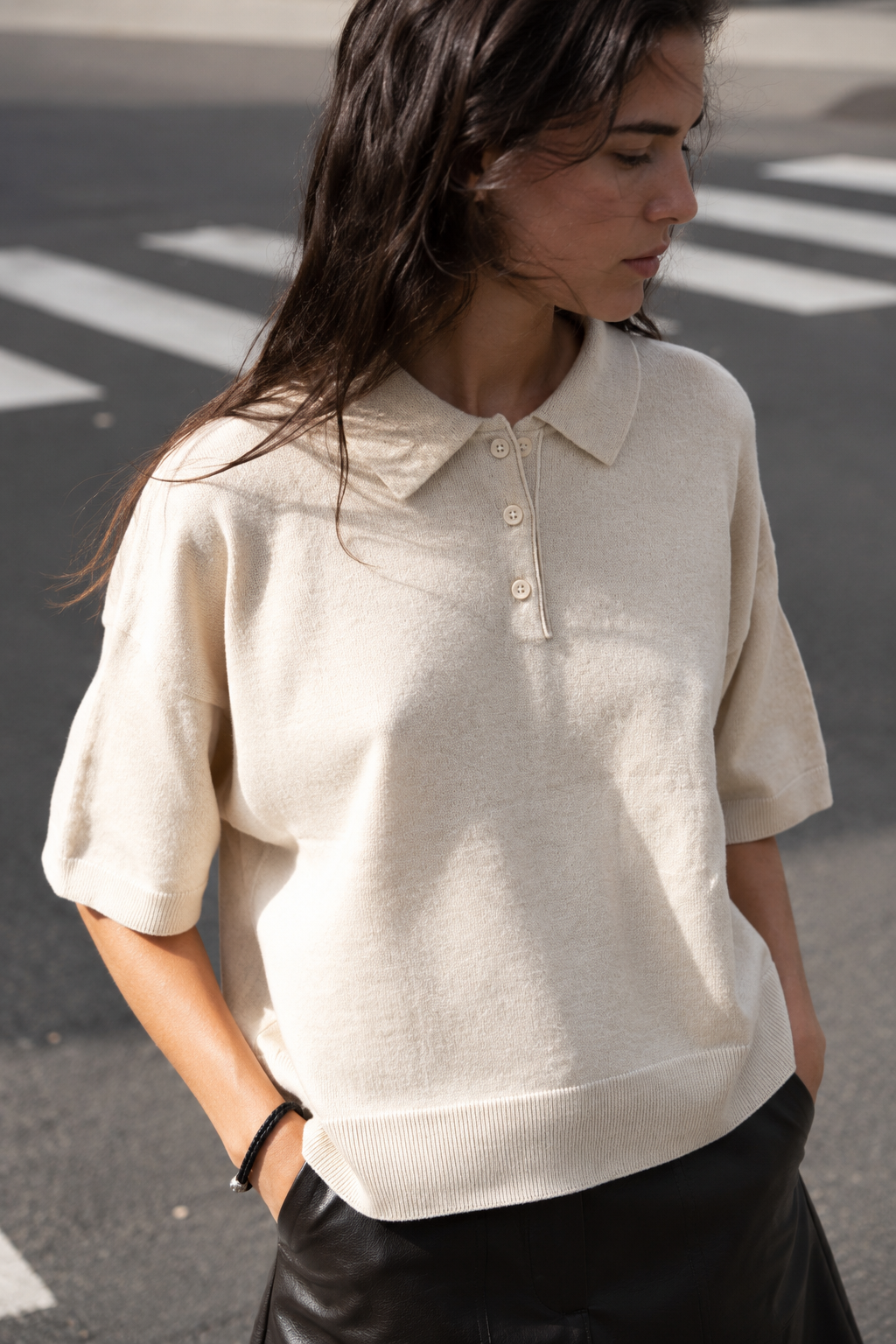Pull Polo En Maille À Manches Courtes - vue portée