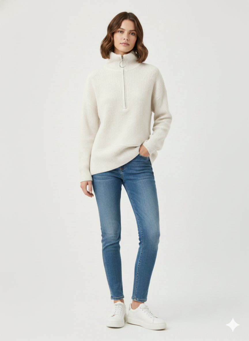 Pull Oversize en Maille Côtelée avec Col Zippé