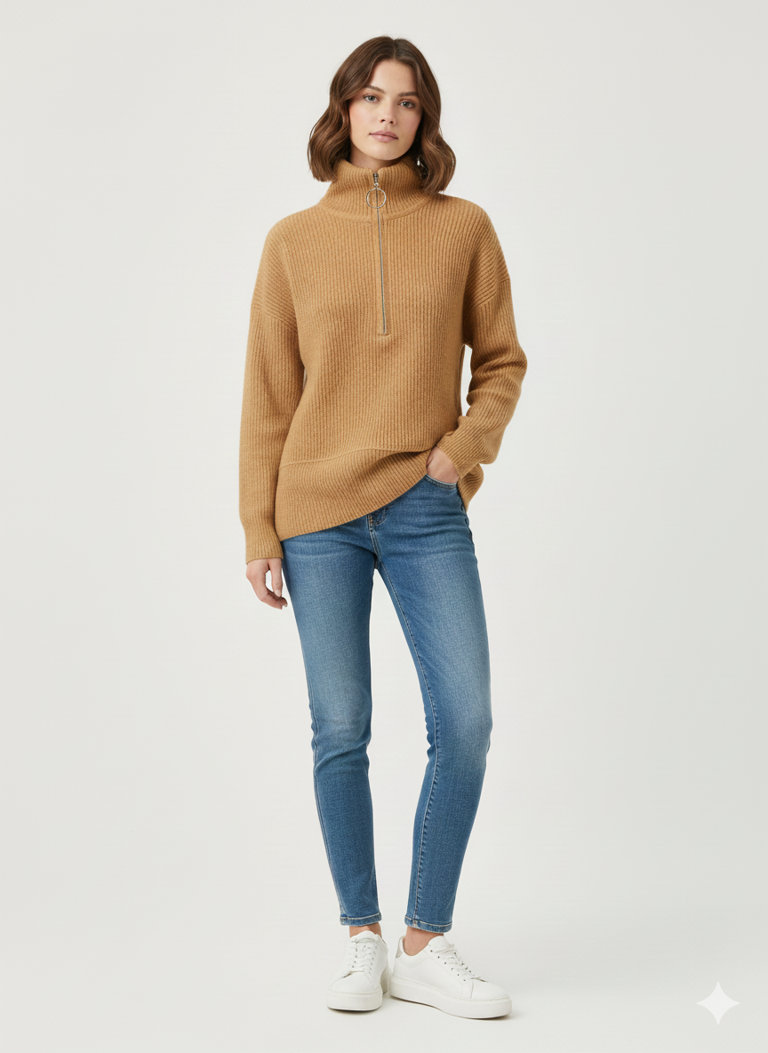 Pull Oversize en Maille Côtelée avec Col Zippé