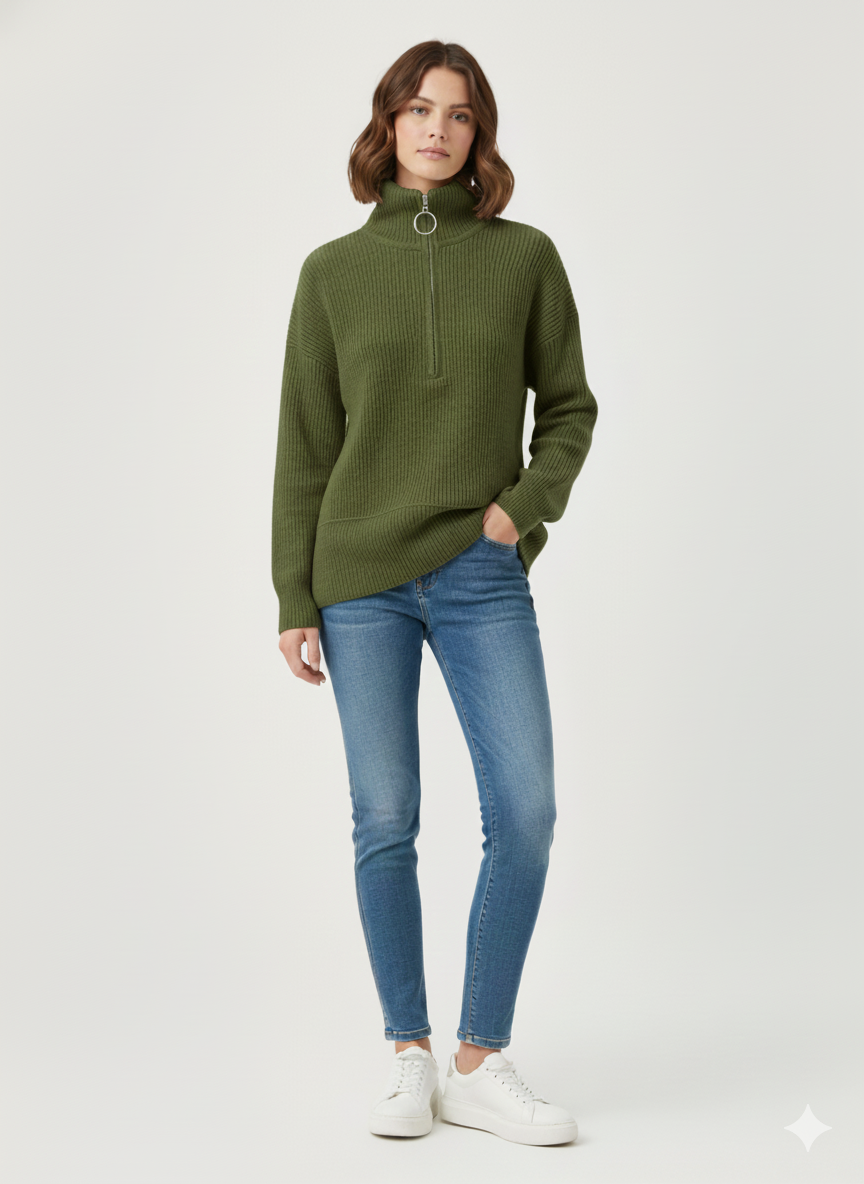 Pull Oversize en Maille Côtelée avec Col Zippé