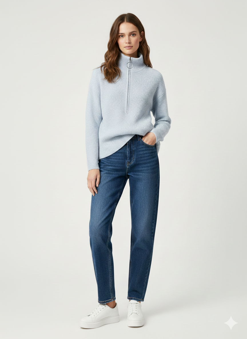 Pull Oversize en Maille Côtelée avec Col Zippé