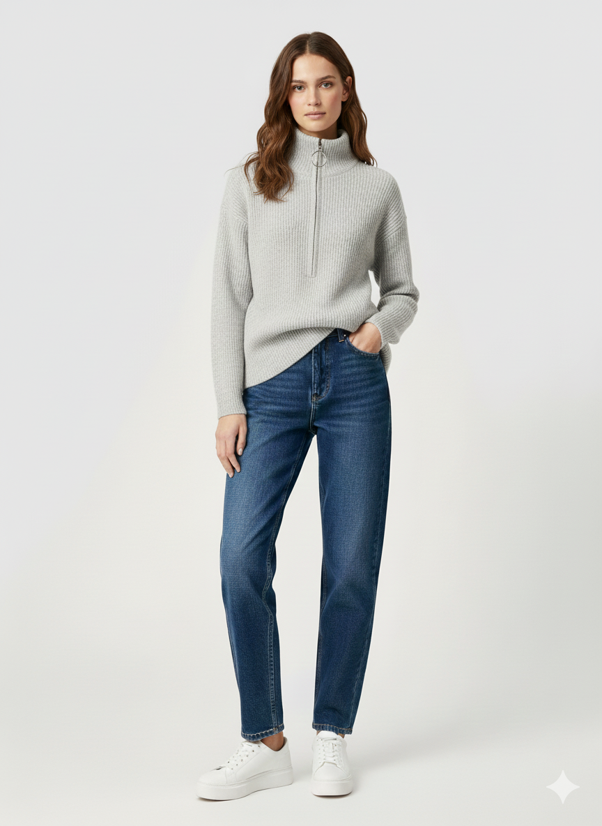 Pull Oversize en Maille Côtelée avec Col Zippé