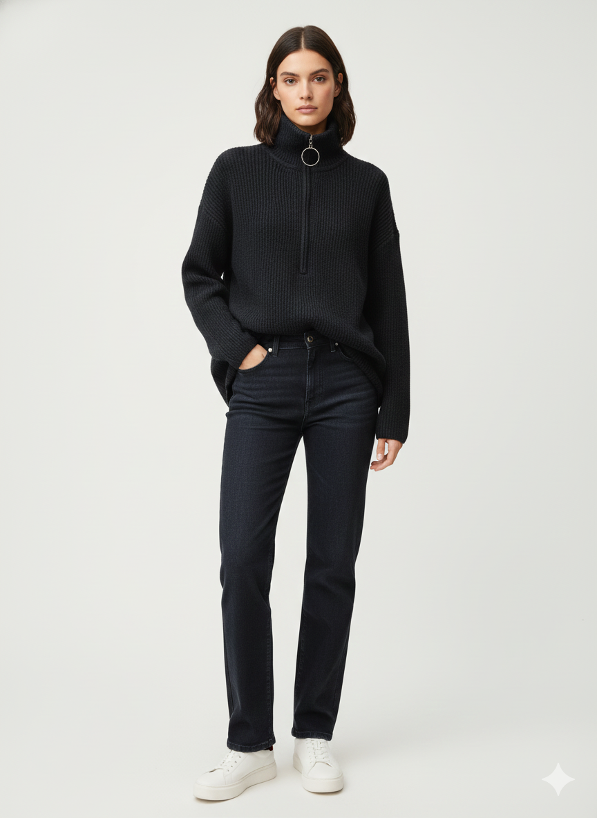 Pull Oversize en Maille Côtelée avec Col Zippé