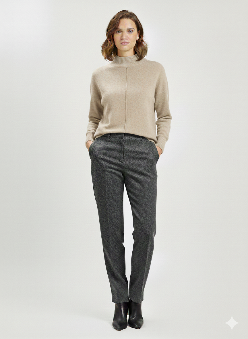 Pull en maille beige à col montant et couture centrale