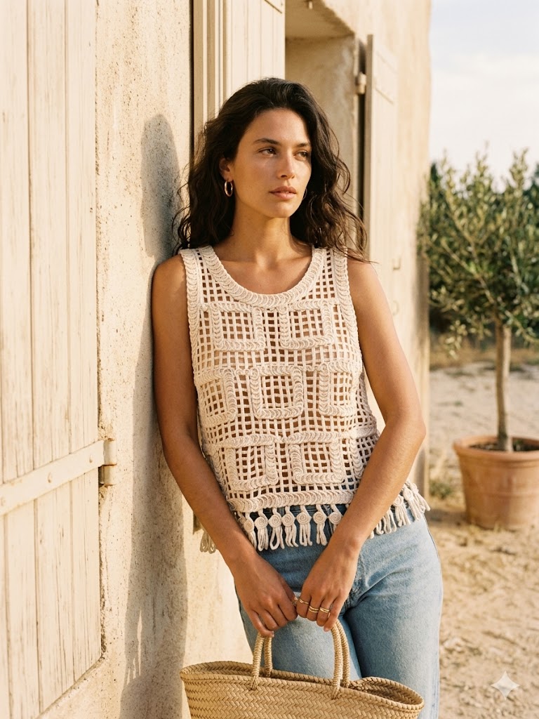 Top ajouré en crochet sans manches à franges