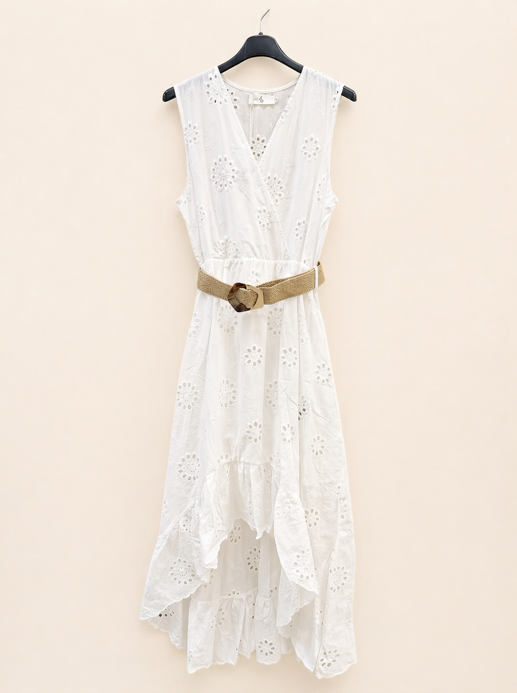 Robe sans manches asymétrique à col V en broderie anglaise