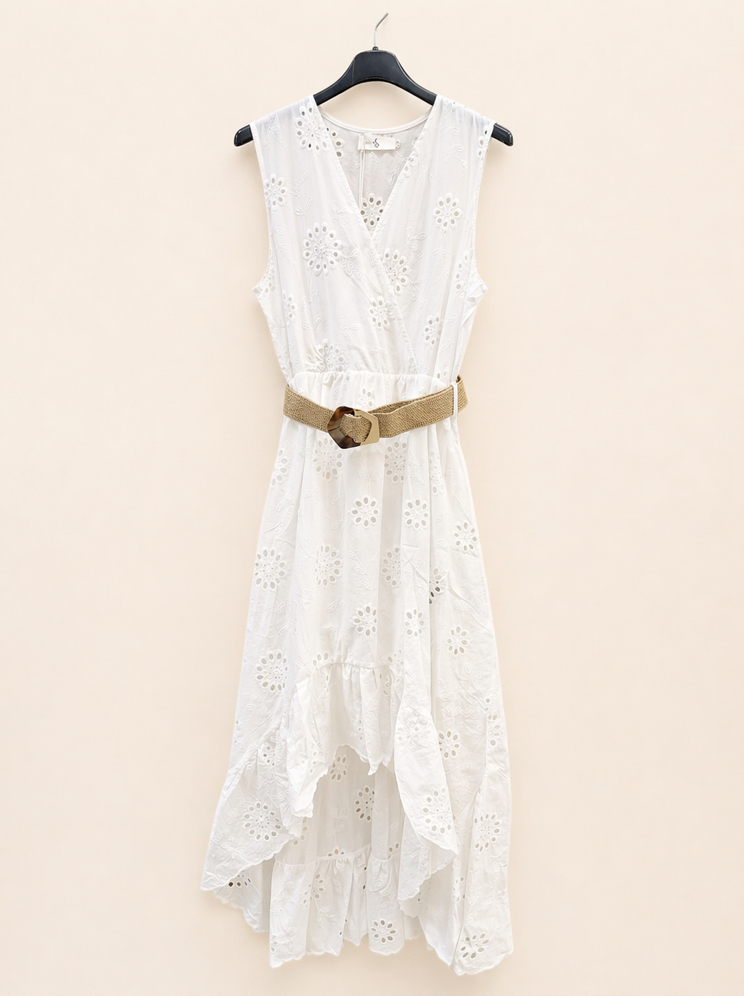 Robe sans manches asymétrique à col V en broderie anglaise