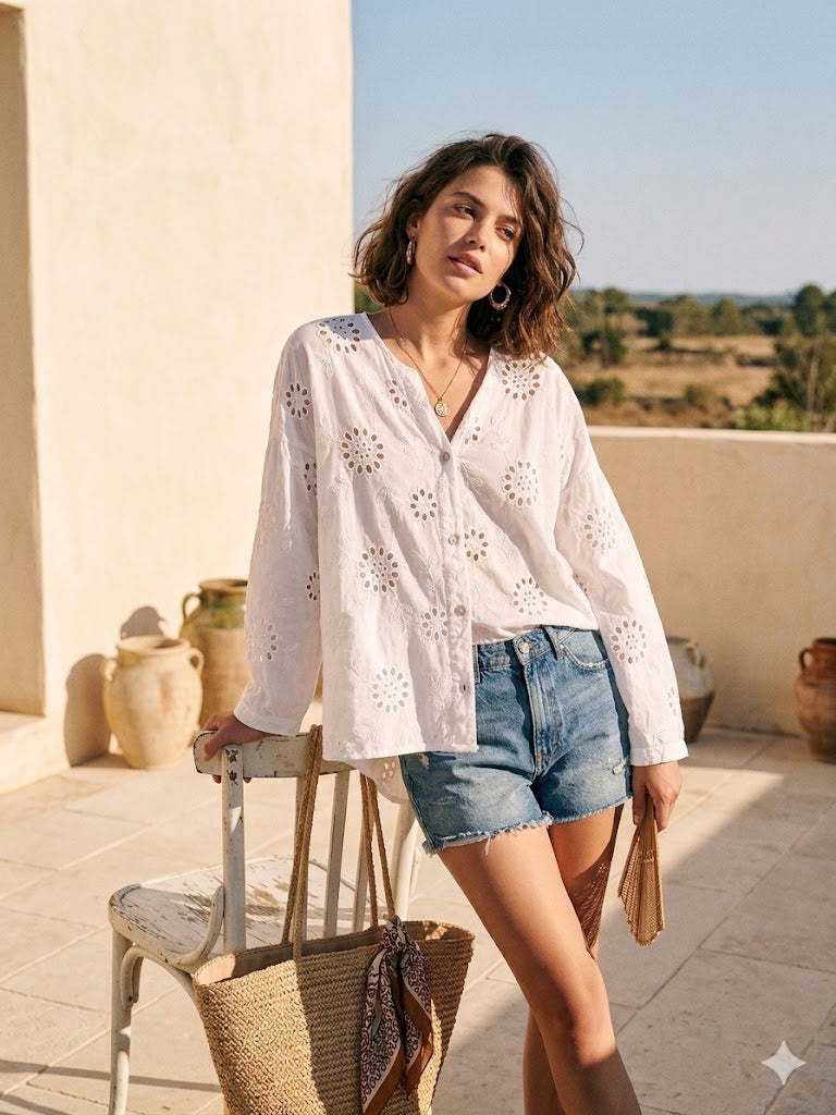 Blouse blanche ajourée en broderie anglaise