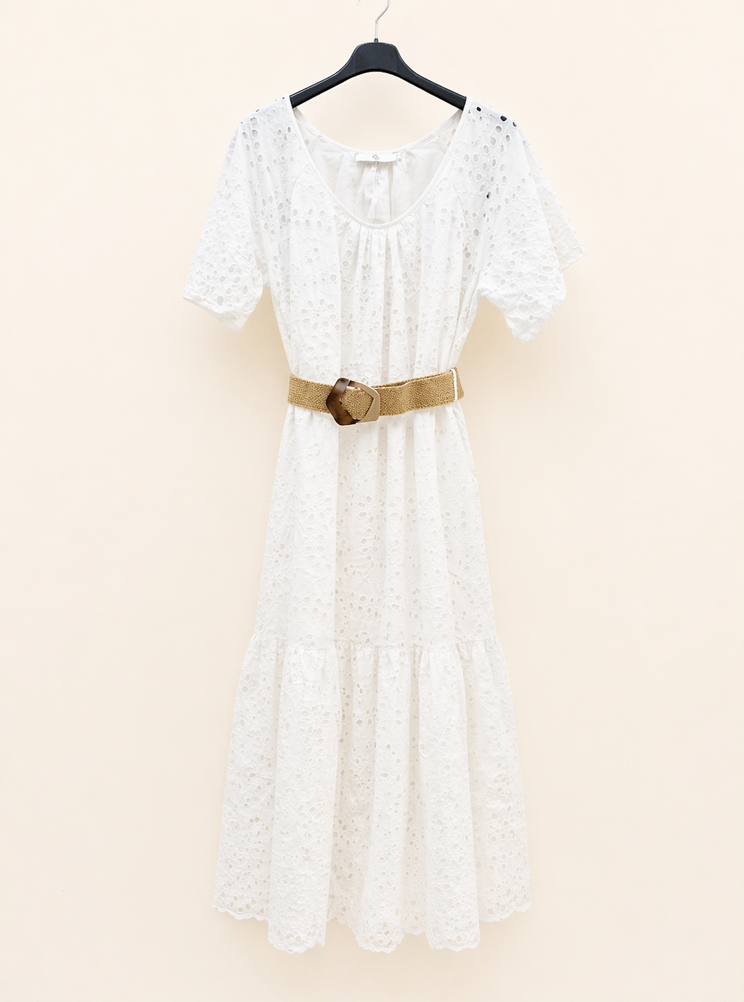 Robe longue ajourée à encolure ronde en broderie anglaise