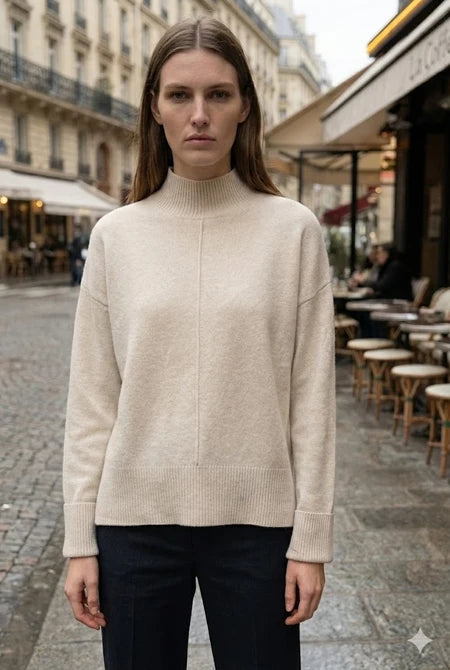 Pull en maille beige à col montant et couture centrale
