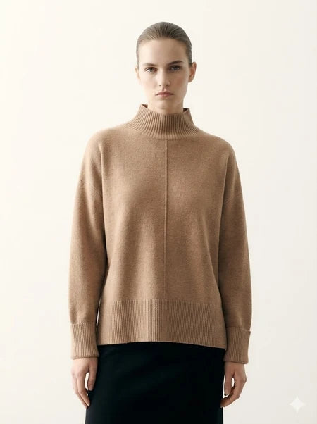 Pull en maille beige à col montant et couture centrale