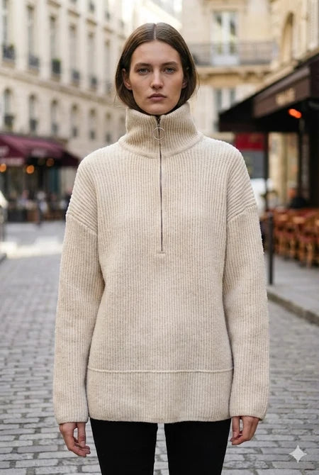 Pull Oversize en Maille Côtelée avec Col Zippé