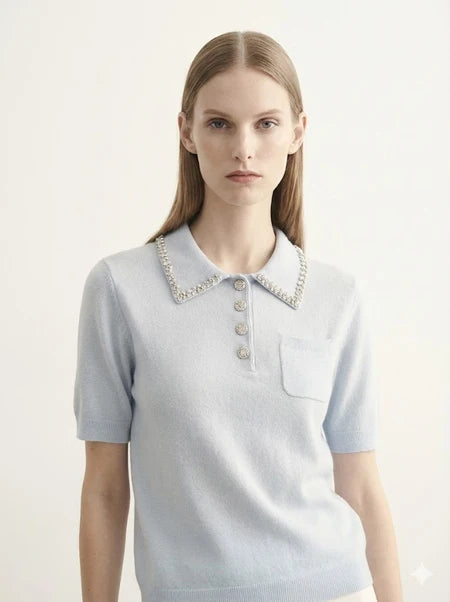 Pull polo à manches courtes avec col orné de strass